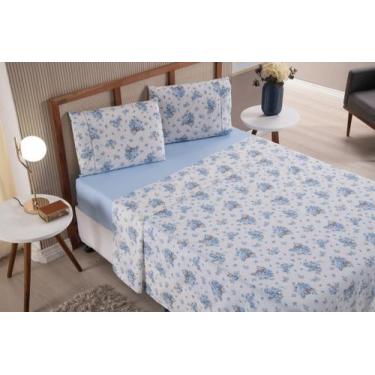 Imagem de Jogo de Lençol Casal Queen 3 Peças Ramalhete Azul Roupa de Cama Percal