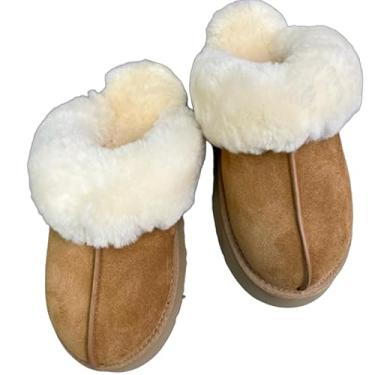 Imagem de Chinelos femininos modernos de inverno em casa com lã de couro genuíno quente Outdoot sapatos sem salto, Marrom, 35