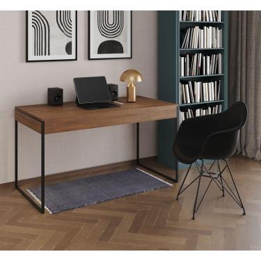 Imagem de Escrivaninha Industrial Office Estudo Malta Amêndoa 137X53Cm Com 1 Poltrona Preta Base Marrom