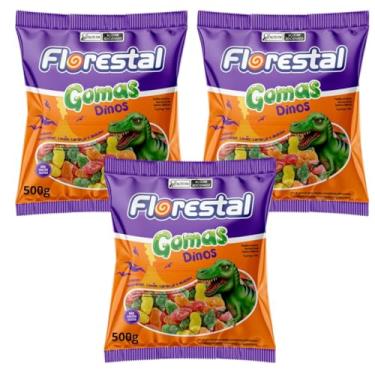Imagem de Kit 3 Pacotes Bala De Goma Dinos 500g Florestal | Jujuba - Total 1,5Kg | Dinossauros