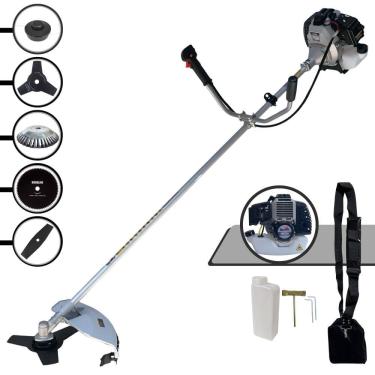 Imagem de Roçadeira Completa Toyama TBC43H À Gasolina 43cc 1,7HP 5 Opções de Corte Com Facas 2 Pontas, 3 Pontas, 80 Dentes, Escova de Aço e Carretel de Nylon