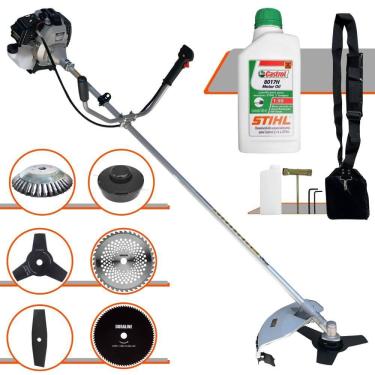 Imagem de Roçadeira Toyama TBC43H À Gasolina 43cc 1,7HP 6 Em 1 Com Carretel Nylon + Faca 2 Pontas, 3 Pontas, 40 Dentes e 80 Dentes + Escova de Aço + ÓLEO STIHL