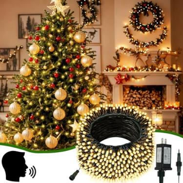 Imagem de Cordão de luzes de Natal ativadas por som extensível para uso externo/interno, atualizado, 13 modos, 200 LED, luz cintilante, impermeável, regulável, fio verde com temporizador e função de memória