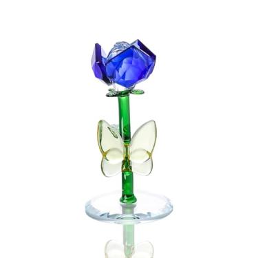 Imagem de LONGWIN Estatuetas de flor rosa azul cristal vidro primavera buquê flores com haste decoração de casa presente para namorada mulheres mãe