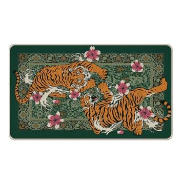 Imagem de Livcoz Tapete de porta da frente vintage verde tigre, tapete decorativo floral retrô animal da selva antiderrapante tapete de entrada, flor perfil baixo interior exterior decoração de cozinha 43 x 73