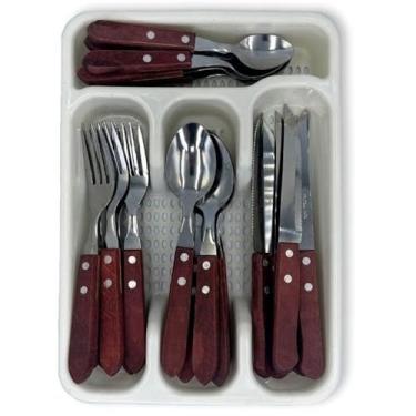 Imagem de Jogo Talheres Faqueiro 25 Peças Inox Cabo Madeira Churrasco Colher Garfo Faca Sobremesa Porta Divisória Organizador