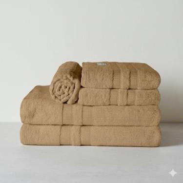 Imagem de Kit Toalha de Banho e Rosto 5 Pçs 100% Algodão 480 g/m2 Fio Duplos - Barra Dupla Decoratica, Luxo, maciez e alta absorção - Avelã