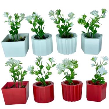 Imagem de Conjunto de 8 mini vasos decorativos com folhagem artificial, adequados para salas de estar, escritórios e expositores de alcovas, com efeito de musgo desidratado. (Kit Branco/Kit Vermelho)