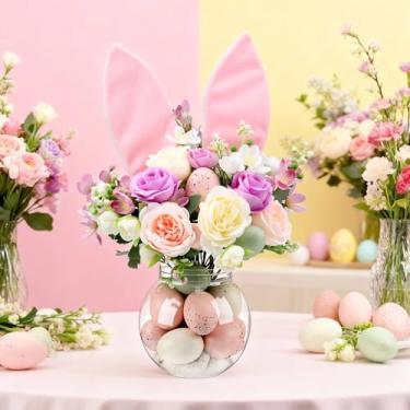 Imagem de Yookeer Decoração de mesa de páscoa flor artificial com centro de mesa de coelho decoração de primavera para sala de jantar, cozinha, sala de estar, interior, casa, manto, decoração de escritório (ovo
