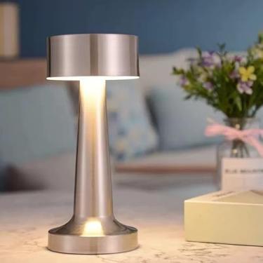 Imagem de Iluminária de Mesa de Metal Dourado LED Touch Recarregável Sem Fio – Abajur Decorativo USB para Quarto Sala Escritório(Prata)