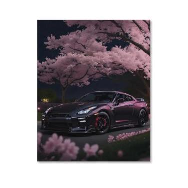 Imagem de HouLaiZhe Flor de cerejeira carro R35 noite Jdm cartazes de carro tela estética decoração de sala de parede impressões galeria sala decoração de parede para quarto sala de estar escritório 11 x 14