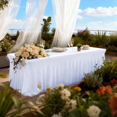 Imagem de FAVE Pacote com 2 saias de mesa para mesas retangulares toalha de mesa de pano branco com design ajustado para festa, toalha de mesa retangular para uso ao ar livre, casamento, banquete e festas
