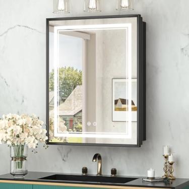 Imagem de TokeShimi Espelho embutido para armário de remédios de 50 x 66 cm com luzes temperadas, 3 cores, regulável, LED, espelhado, desembaçamento e tomadas elétricas, espelho moderno com armazenamento