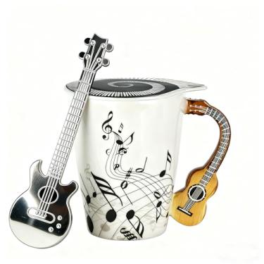 Imagem de Caneca exclusiva de guitarra com tampa temática de música, alça de guitarra e colher - presente de Natal, aniversário, dia das mães, para professores de música e amantes de guitarra (guitarra)