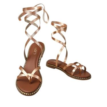 Imagem de OYOANGLE Sandália feminina rasteira romana de praia com cadarço cruzado gladiador com tiras, Champanhe, 40