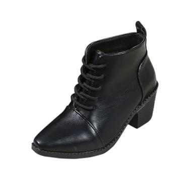 Imagem de Botas femininas modernas casuais estilo britânico de inverno bico fino com cadarço frontal salto médio botas no tornozelo, Preto, 35