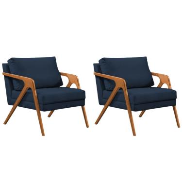Imagem de Conjunto 2 Poltronas Sala De Estar Monique Madeira Cerejeira Azul Veludo