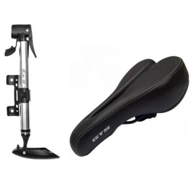 Imagem de Kit Banco Selim Confortável Couro Gts Vazado + Bomba De Encher Pneu Al