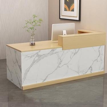 Imagem de Mesa de recepção moderna com gaveta com trava, balcão frontal elegante para saguão de escritório, salão de beleza - balcão de caixa com armários (acabamento em madeira)