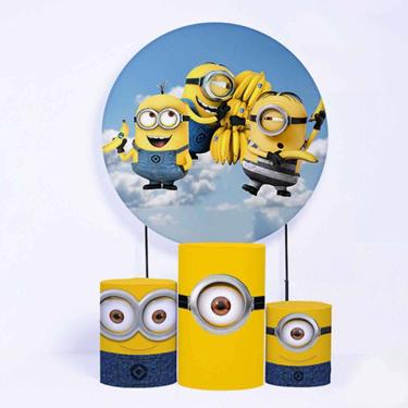 Imagem de Kit Painel de Festa Redondo de 1,50m e Trio de Cilindros Minions - Fera Print