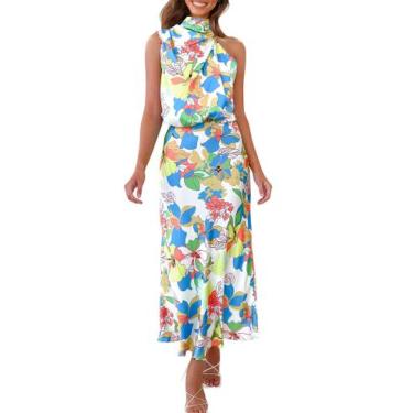 Imagem de Vestido Longo Maxi de Cetim Feminino PRETTYGARDEN sem Mangas com Gola 
