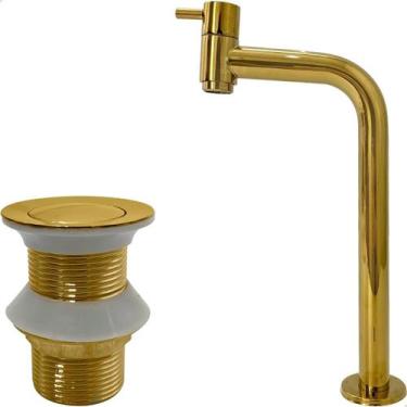 Imagem de Torneira Banheiro Dourada Bica Alta Lavabo E Válvula Click 1 ¼ Inox Ra