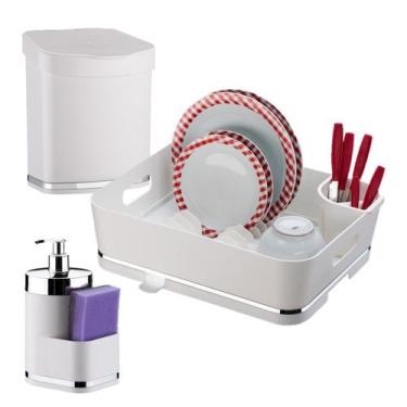 Imagem de Kit Lixeira 2,5L + Dispenser Porta Detergente Esponja + Escorredor De 
