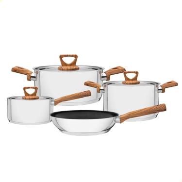 Imagem de Jogo de Panelas Tramontina 4 Peças Brava Antiad. Aço Inox Fundo Triplo com Acab. Amadeirado 65300310