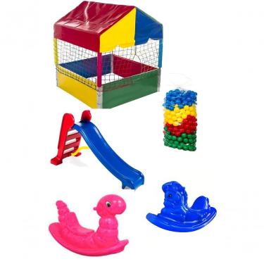 Imagem de Kit Playground Infantil Piscina 1,00m com 500 Esferas Coloridas e Escorregador Médio e 2 Gangorras G1 Rotoplay