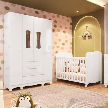 Imagem de Quarto de Bebê Guarda-Roupa 4 Portas Janeladas e Berço 100% MDF Lana E