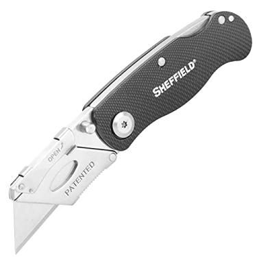 Imagem de Sheffield Faca utilitária Ultimate Lock Back 12613, dobrável, faca de cortador de caixa, faca de tapete, cortador de drywall e mais, lâmina de troca rápida, design de bloqueio traseiro, preta