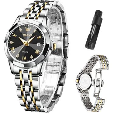 Imagem de OLEVS Relógios femininos com data, prata, aço inoxidável, luxuosos, com pequenas escritas, diamantes para mulheres, à prova d'água, vestido elegante, quartzo, analógico, relógios de pulso femininos