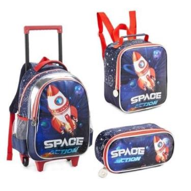 Imagem de Kit Mochila Com Rodinhas 3 PEÇAS mochila lancheira e estojo Infantil Foguete Astronauta-Unissex