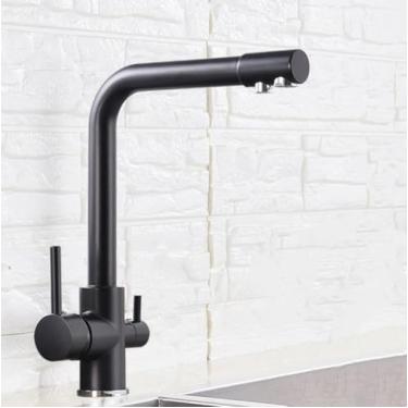 Imagem de Torneira de cozinha com filtro cromado, torneira de cozinha para água potável pura, montada no deck, alças duplas, misturador de água quente e fria de 3 vias, preto fosco A
