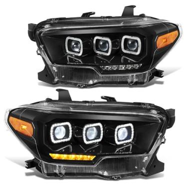 Imagem de DNA MOTORING Par de faróis de projetor de LED completos compatíveis com Toyota Tacoma 2016-2023, anel halo quadrado completo sequencial sequencial sequencial sinal de seta, preto, HL-HAY-045-BK