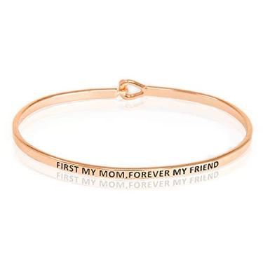 Imagem de SM Pulseira feminina com mensagem positiva inspiradora gravada (First My Mom, Forever My Friend - ouro rosa), Small, Metal