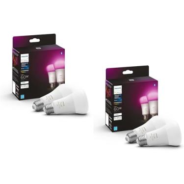 Imagem de Philips Hue Luzes A19 brancas para ambientação branca e colorida com Bluetooth, Hue Hub compatível com 4 unidades, 548610-4