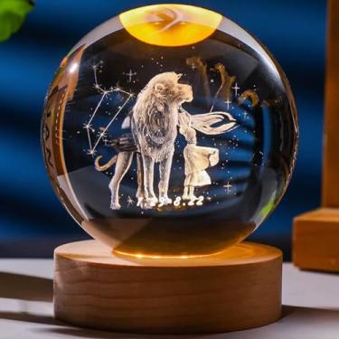 Imagem de Lumin?ria Bola Esfera Cristal De Mesa Planeta Terra Gal?xia Sistema Solar LED Base Madeira Enfeite Decorativo Casa (Signo Le?o)
