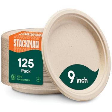 Imagem de Pratos para homens empilháveis [pacote com 125] Bagasse descartável natural de qualidade resistente, ecológico feito de fibras de bengala de açúcar, 23 cm, marrom