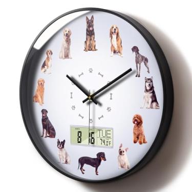 Imagem de SCOAGE Relógio de parede moderno silencioso operado por bateria relógios de parede digital grande display engraçado fofo cachorro relógio LCD com data e temperatura da semana relógios sem tique-taque