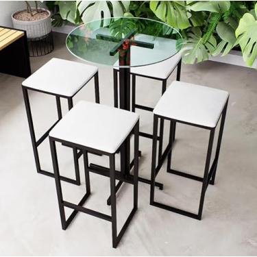 Imagem de Conjunto Mesa Alta Bar Bistrô Redonda Vidro 4 Bancos Estofado Industrial Black (Branco)