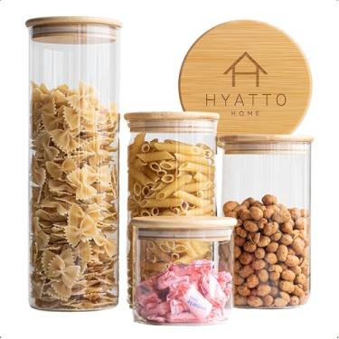 Imagem de Kit Potes Herméticos de vidro 4 Unidades com Tampas de Bambu, Tamanhos Variados | Conjunto de Porta Mantimentos, Organização de Cozinha | Potes de Vidro com Tampa Hermética Bambu | Hyatto Home