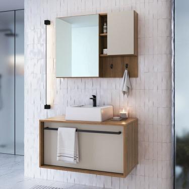 Imagem de Conjunto Para Banheiro Gabinete Suspenso 80cm Com Puxador Toalheiro Cuba E Espelheira Cj8040.10 Mel Arenas