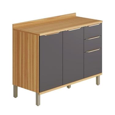 Imagem de Balcão De Cozinha 120cm Com 2 Portas 3 Gavetas E Tampo 100% Mdf Noruega Amêndoa-chumbo