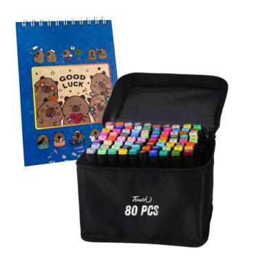 Imagem de Canetinhas 80 Cores Livro De Pintar Capivara Fofa Divertida 50 Folhas Estojo Pintura