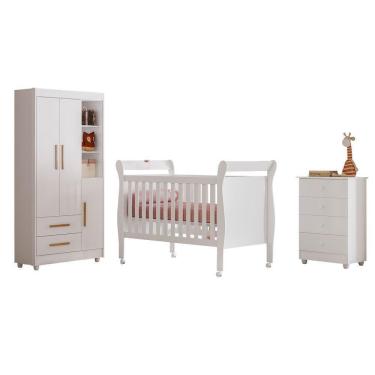 Imagem de Quarto De Bebê Completo Zara Com Berço Com Colchão Cômoda Guarda Roupa Tigus Baby Branco