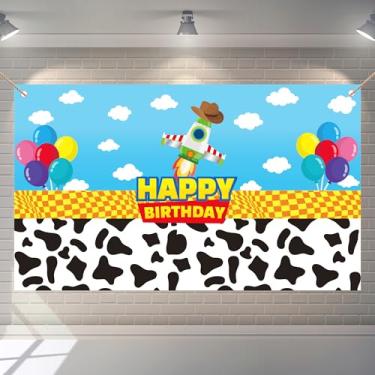 Imagem de Pano de fundo de aniversário inspirado em desenhos animados, 1,8 x 1,1 m, tema de brinquedo, decoração de festa