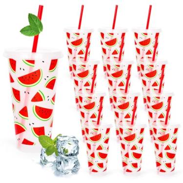Imagem de FYSUIMU 12 copos de plástico de melancia com tampas, canudos, vermelho, melancia, transparente, reutilizável, 680 g, caneca de viagem de frutas doces para café gelado, bebidas, suprimentos de festa de