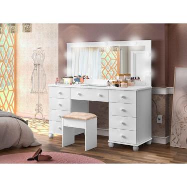 Imagem de penteadeira camarim 9 gavetas compacta colmeia para maquiagem vidro espelho e led mdf com banqueta luxo sued potente