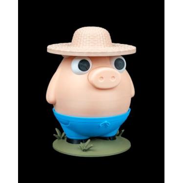 Imagem de Cofrinho Decorativo Porquinho com Chapéu de Palha, Azul e Bege, Decoração Infantil